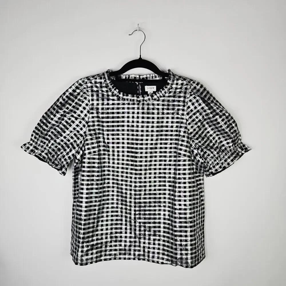 J.Crew Metallic Gingham Checkered Puff Sleeve Blouse Top Medium Boxy Holiday